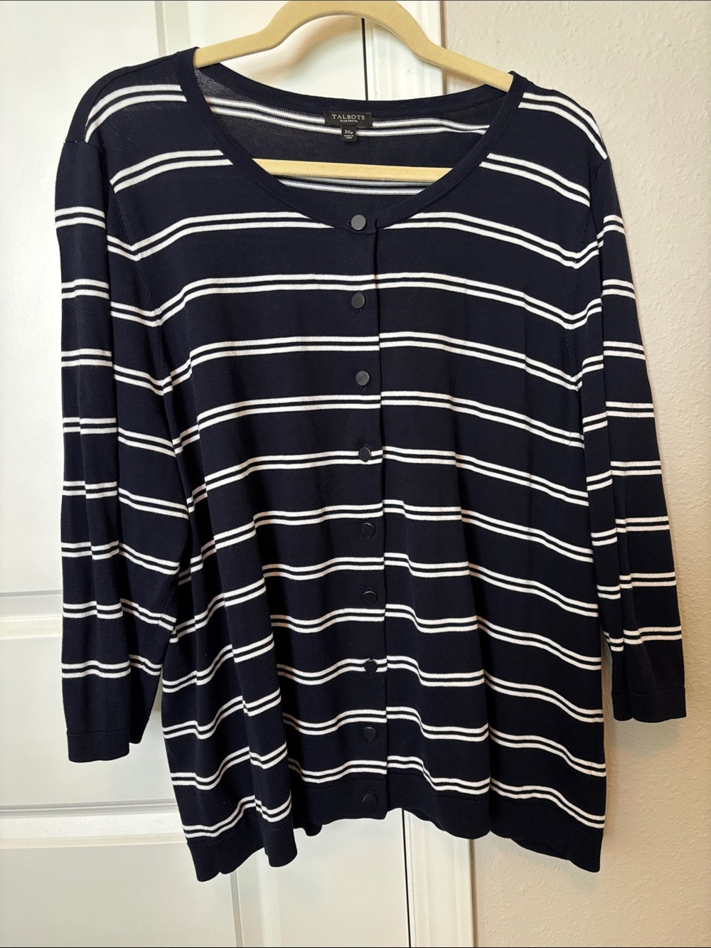 Talbots Navy and White Striped Button-Front Cardigan 3Xp